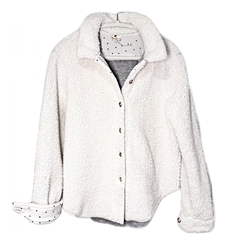 HEM & THREAD Soft White Sherpa Button Up Jacket Cardigan Contrast Dot Trim Sz S